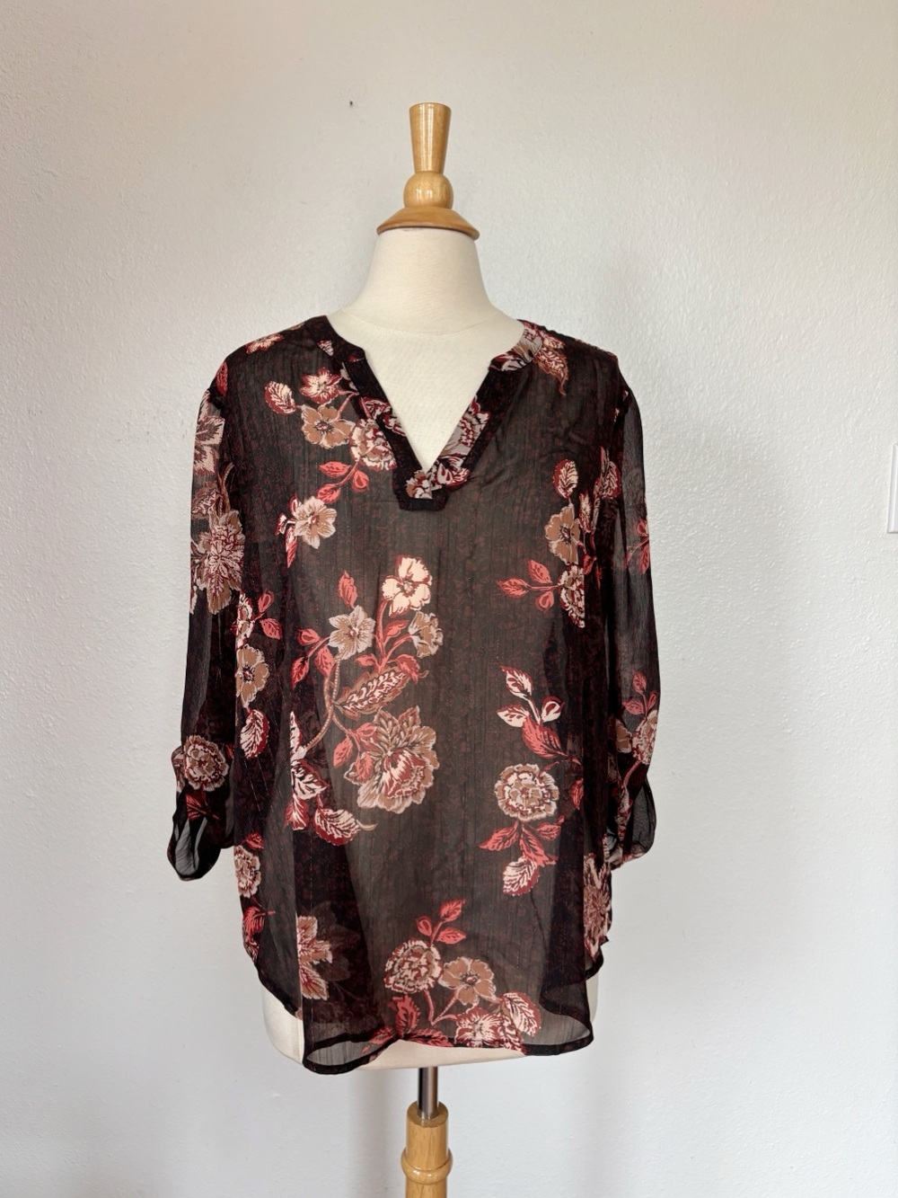 Sheer Black Floral Metallic 3/4th Sleeve Blouse